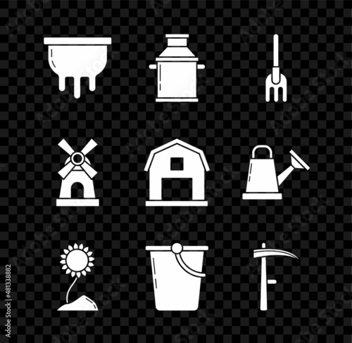 Set Udder, Can container for milk, Garden rake, Sunflower, Bucket, Scythe, Windmill and Farm House concept icon. Vector