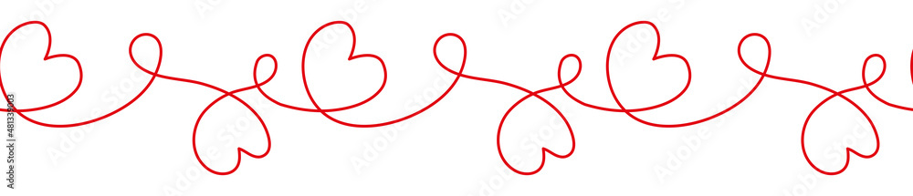 Continuous one line drawing ornament of hearts. Happy Valentines Day graphic horizontal border frame background. Romantic love doodle vector decoration element. Seamless pattern design Continuous one line drawing ornament of hearts. Happy Valentines Day graphic horizontal border frame background. Romantic love doodle vector decoration element. Seamless pattern design