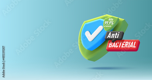 Anti bacterial lebel, 3d illustration of isometric shield with protection sign