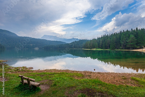 Landscape view of black lake or Crno jezero in Durmitor nature park, Montenegro.