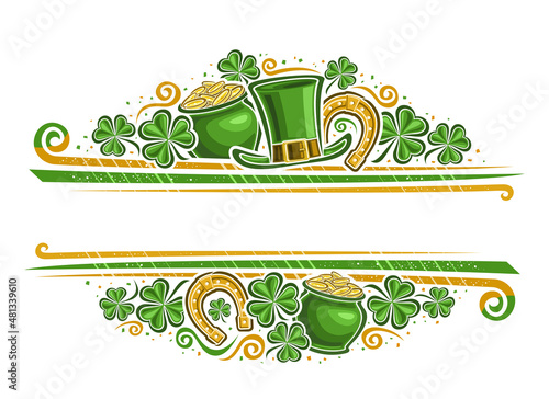 Vector Border for St Patrick's Day with copy space for text, horizontal template with illustration of shamrock leaves, leprechaun top hat, decorative flourishes for st patricks day on white background