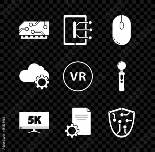 Set RAM, random access memory, Tablet, Computer mouse, Monitor display with 5k video, File document, Cyber security, Cloud technology data transfer storage and Virtual reality icon. Vector