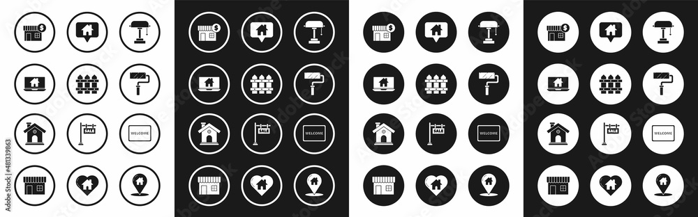 Set Table lamp, Garden fence wooden, Laptop and smart home, House with dollar symbol, Paint roller brush, Map pointer house, Doormat the text Welcome and icon. Vector Set Table lamp, Garden fence wooden, Laptop and smart home, House with dollar symbol, Paint roller brush, Map pointer house, Doormat the text Welcome and icon. Vector