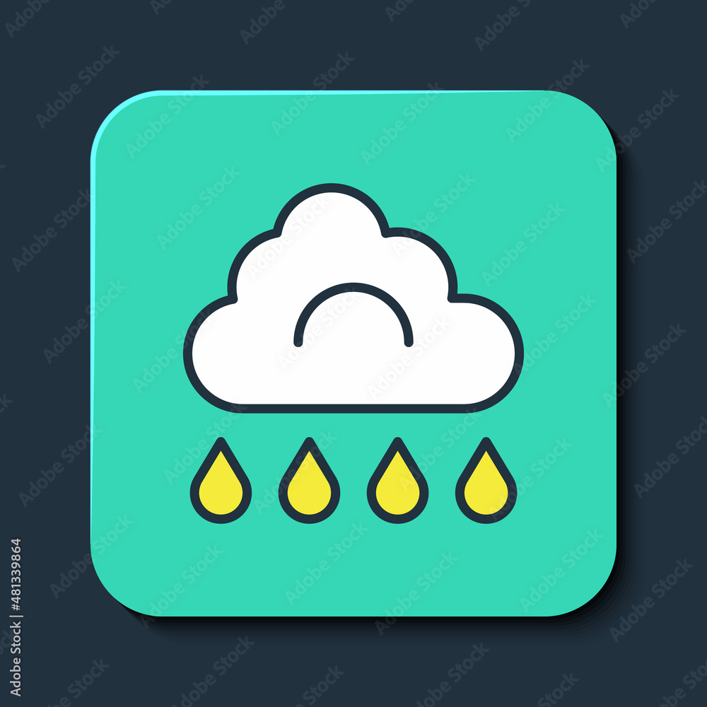 Filled outline Cloud with rain icon isolated on blue background. Rain cloud precipitation with rain drops. Turquoise square button. Vector Filled outline Cloud with rain icon isolated on blue background. Rain cloud precipitation with rain drops. Turquoise square button. Vector