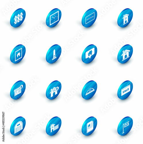 Set Clock, Doormat with the text Welcome, Home symbol, Tablet and smart home, House dollar, Washington monument, and Map pointer house icon. Vector