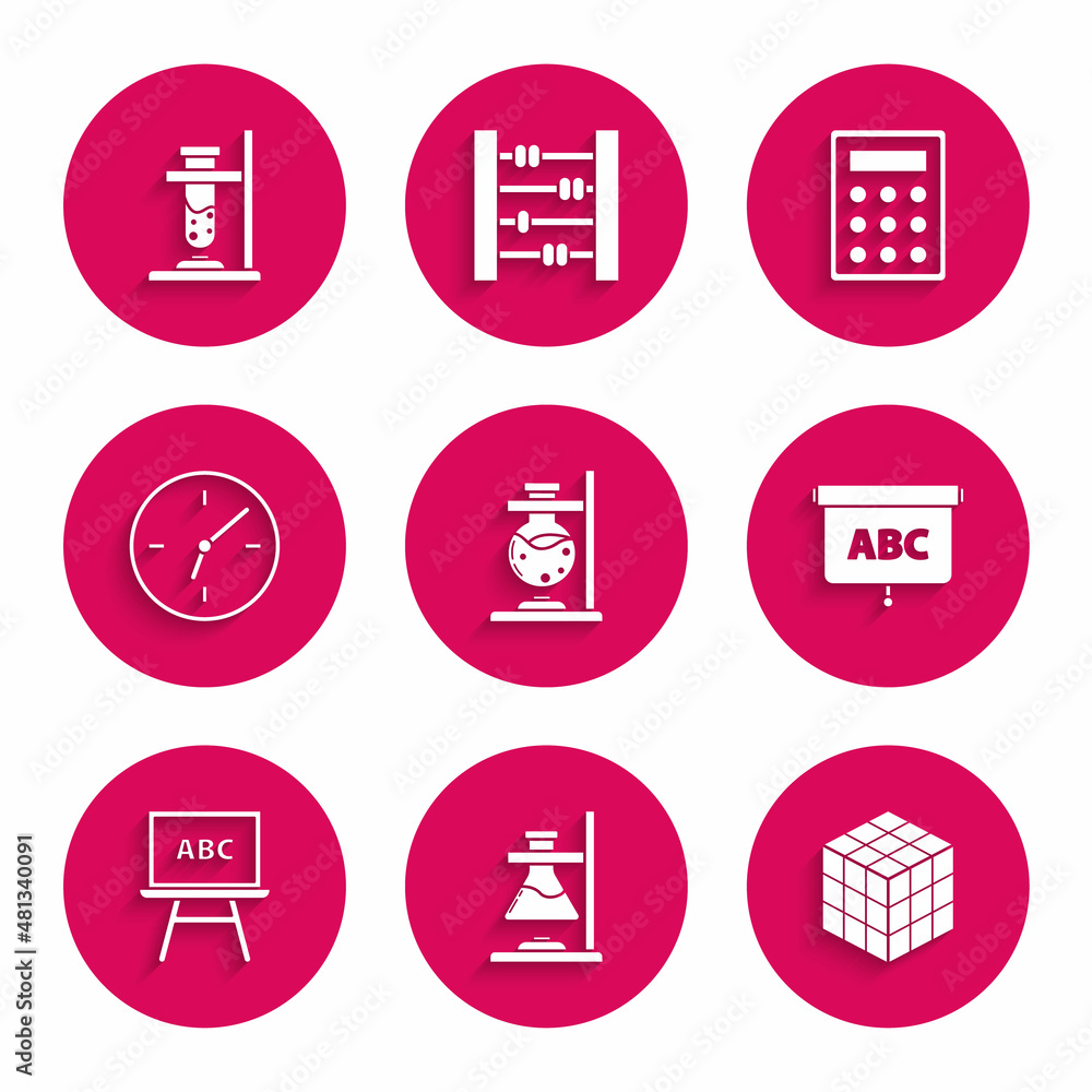Set Glass test tube flask on fire, Rubik cube, Chalkboard, Clock, Calculator and icon. Vector Set Glass test tube flask on fire, Rubik cube, Chalkboard, Clock, Calculator and icon. Vector