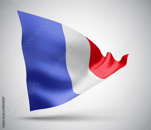 France, vector flag with waves and bends waving in the wind on a white background.