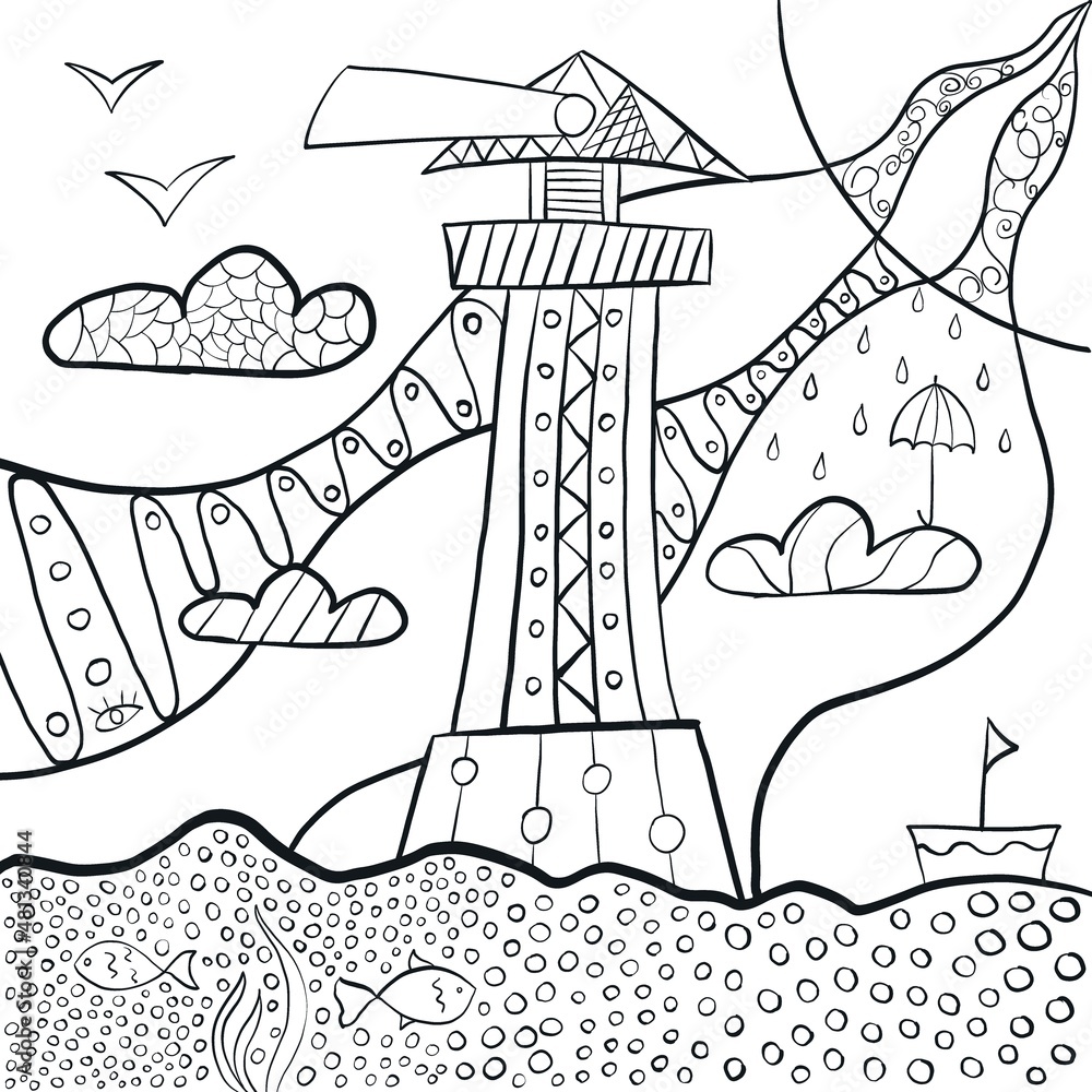Children's coloring book in the form of a lighthouse in the sea and sky with clouds and the sun. For entertainment, development and recreation.
