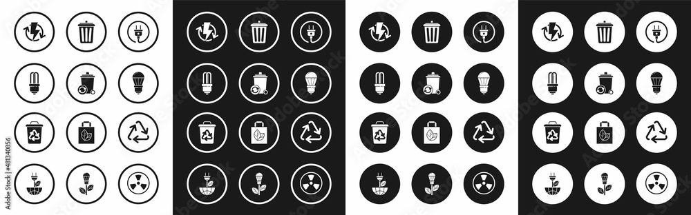 Set Electric plug, Recycle bin with recycle symbol, LED light bulb, Recharging, Trash can, and icon. Vector
