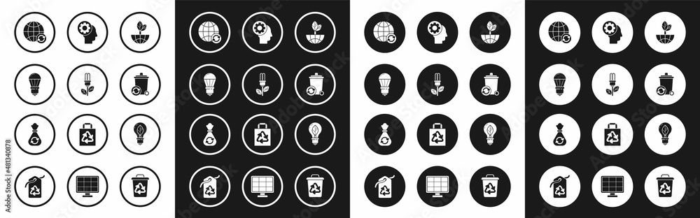 Set Earth globe and leaf, Light bulb with, LED light, Planet earth recycling, Recycle bin recycle symbol, Human head gear inside, and Garbage bag icon. Vector