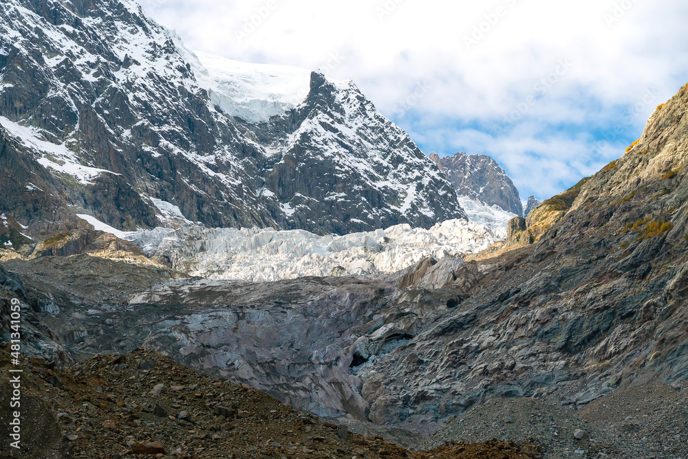 Close-up of a beautiful landscape on the Chalaadi glacier on an autumn day in the Svaneti region, Mestia, Georgia.