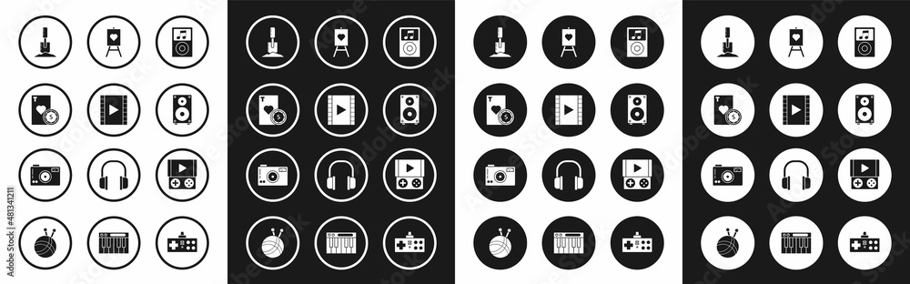 Set Music player, Play Video, Casino chip and playing cards, Shovel the ground, Stereo speaker, Wood easel or painting art boards, Portable video game console and Photo camera icon. Vector Set Music player, Play Video, Casino chip and playing cards, Shovel the ground, Stereo speaker, Wood easel or painting art boards, Portable video game console and Photo camera icon. Vector