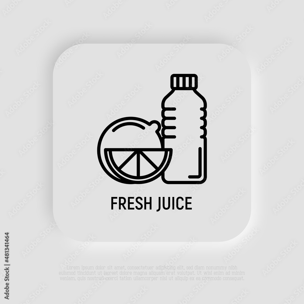 Fresh citrus juice thin line icon. Slice of lemon and bottle. Healthy beverage. Lemonade. Vector illustration.