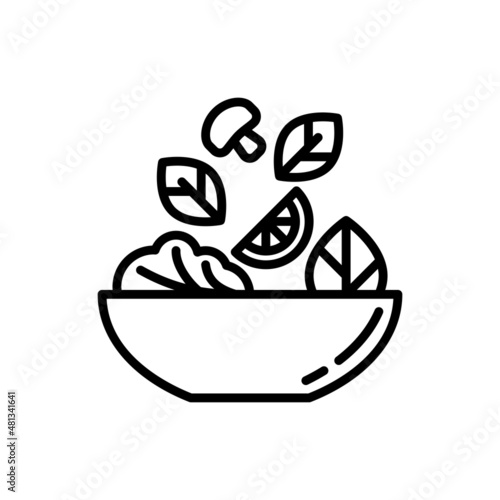 Salad in bowl thin line icon. Ingredients are falling in bowl: lemon, champignon, lettuce. Healthy food. Modern vector illustration for salad bar.