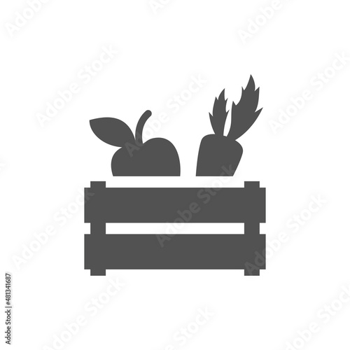 Farm food crate vector icon. Carrot and apple groceries in basket, healthy vegan eating filled symbol.