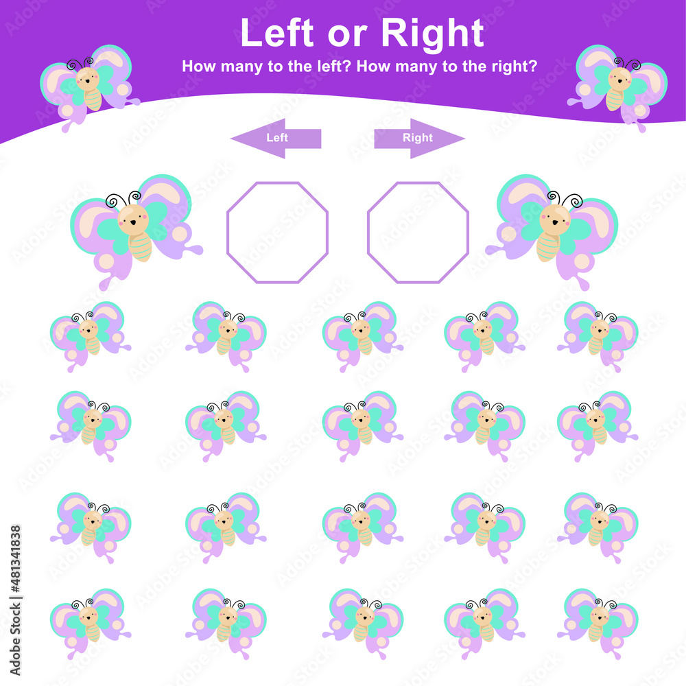 Left or Right Game for Preschool Children. Worksheet activity for preschool kids. Insects education math printable worksheet to counting how many are left and right. Vector illustration. Left or Right Game for Preschool Children. Worksheet activity for preschool kids. Insects education math printable worksheet to counting how many are left and right. Vector illustration.