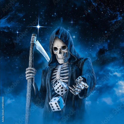 Bild auf Leinwand Death throwing dice - 3D illustration of grim reaper with scythe playing magical