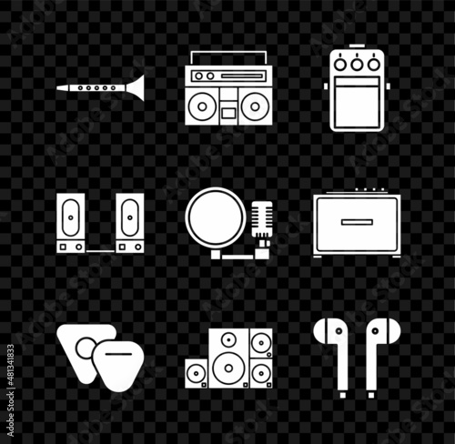 Set Clarinet, Home stereo with two speakers, Guitar pedal, pick, Stereo, Air headphones, and Microphone icon. Vector
