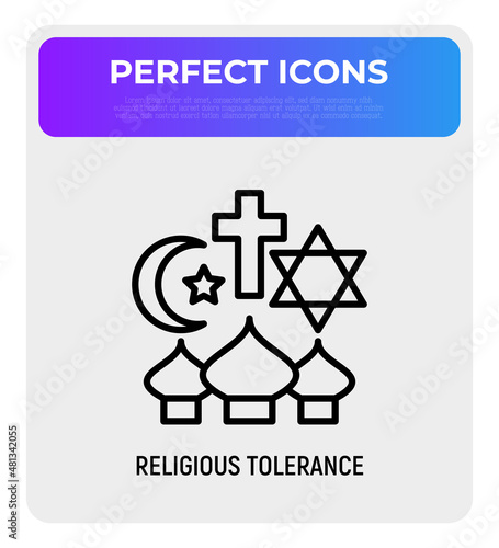 Religious tolerance thin line icon, interfaith respect. Modern vector illustration of peace and understanding between islam, christianity and judaism.