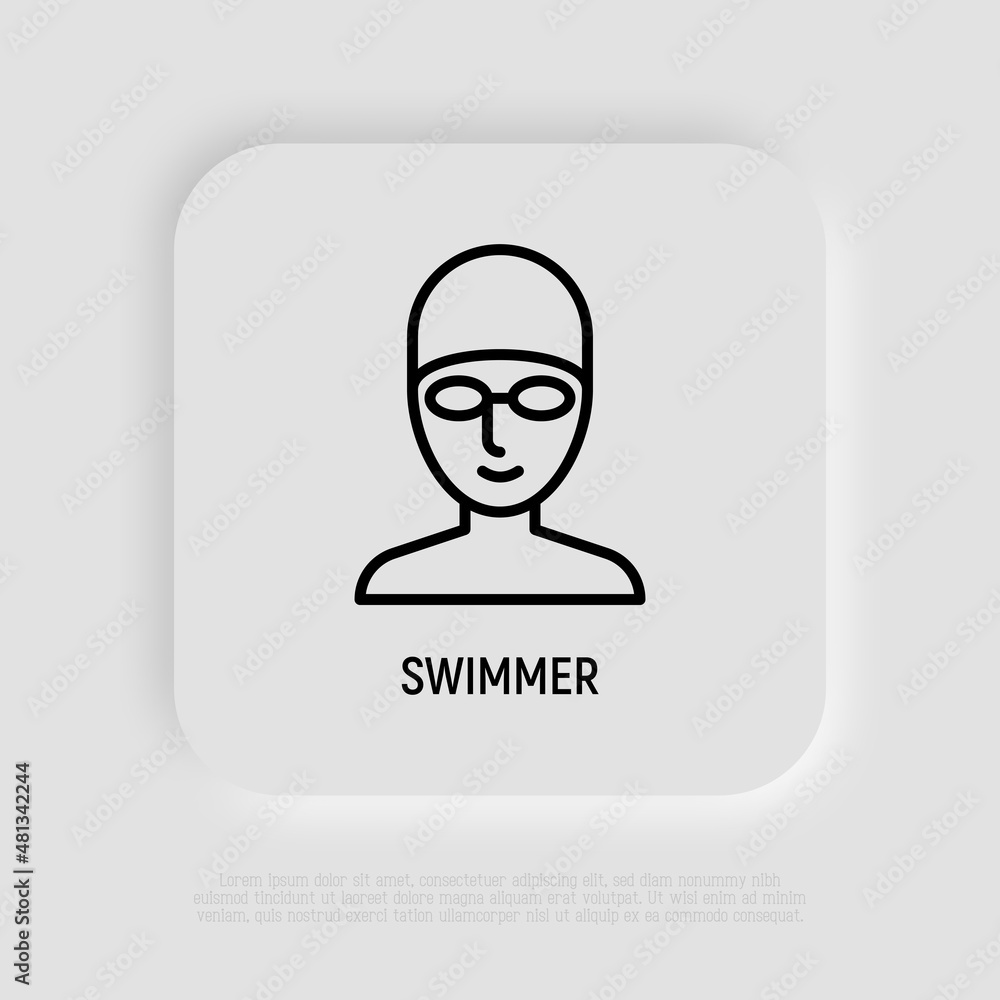 Face of swimmer in swimming cap and goggles. Thin line icon. Modern vector illustration. Face of swimmer in swimming cap and goggles. Thin line icon. Modern vector illustration.