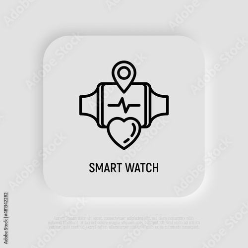 Smart watch with heartbeat on screen. Fitness gadget. Thin line icon. Modern vector illustration.