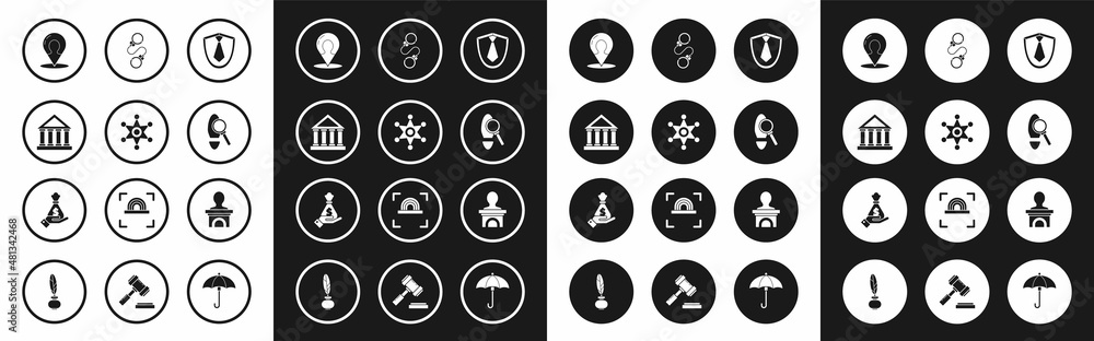Set Tie, Hexagram sheriff, Courthouse building, Map marker with silhouette of person, Magnifying glass footsteps, Handcuffs, Stage stand or debate podium rostrum and holding money bag icon. Vector Set Tie, Hexagram sheriff, Courthouse building, Map marker with silhouette of person, Magnifying glass footsteps, Handcuffs, Stage stand or debate podium rostrum and holding money bag icon. Vector