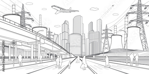 Wide highway. Modern night town. City energy system. Car overpass. People walking at street. Infrastructure urban illustration. Black outlines on white background. Vector design art 