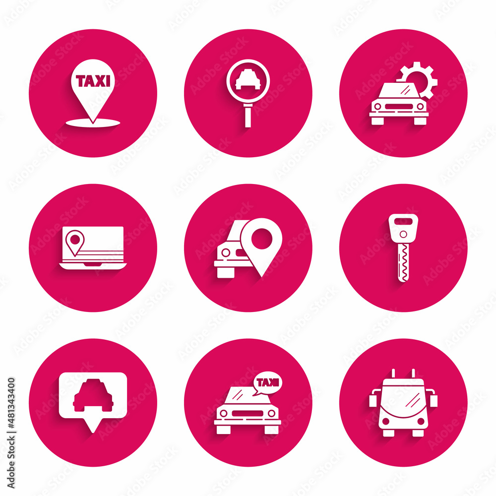 Set Map pointer with taxi, Taxi car, Trolleybus, Car key, Laptop location marker, service and icon. Vector Set Map pointer with taxi, Taxi car, Trolleybus, Car key, Laptop location marker, service and icon. Vector