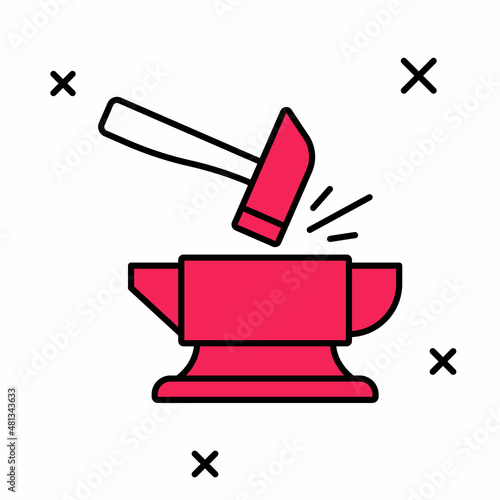 Filled outline Blacksmith anvil tool and hammer icon isolated on white background. Metal forging. Forge tool. Vector