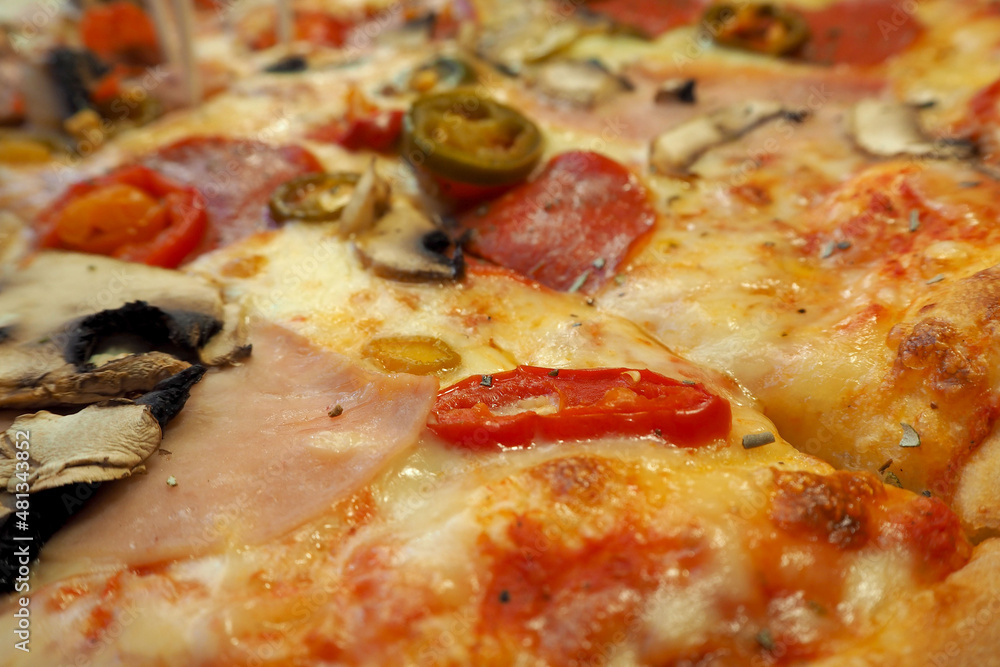 pizza close-up with cheese, pepperoni, bacon and herbs. side view. high-calorie food. italian cuisine pizza close-up with cheese, pepperoni, bacon and herbs. side view. high-calorie food. italian cuisine