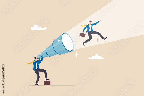 Create strong vision to lead to business success, ambition to set direction and reach goal and target, mission or career path, businessman look through telescope see himself walking to reach goal.