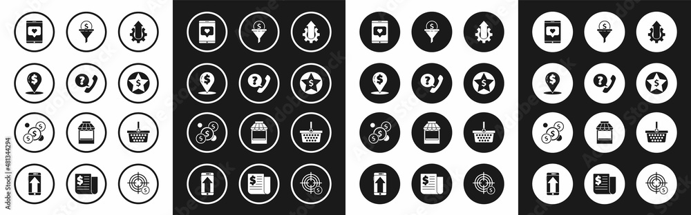 Set Arrow growth gear business, Telephone handset and speech bubble chat, Cash location pin, Mobile like with heart, Star dollar, Lead management, Shopping basket and Coin money icon. Vector