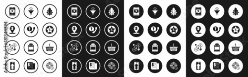 Set Arrow growth gear business, Telephone handset and speech bubble chat, Cash location pin, Mobile like with heart, Star dollar, Lead management, Shopping basket and Coin money icon. Vector