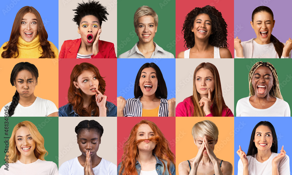 Collage of diverse women expressing different emotions Collage of diverse women expressing different emotions