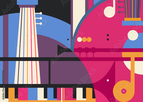 Abstract banner with different music instruments. Creative placard design in flat style.