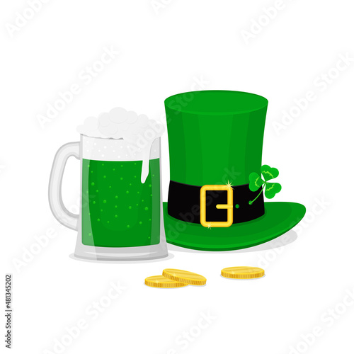 St.Patrick 's Day. Leprechaun hat, green beer and gold coins. Vector elements.