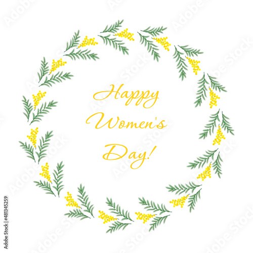 Happy women's day background with mimosa round frame