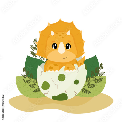 Funny baby dinosaur Triceratops in the egg shell. Dinosaur hatches from an egg