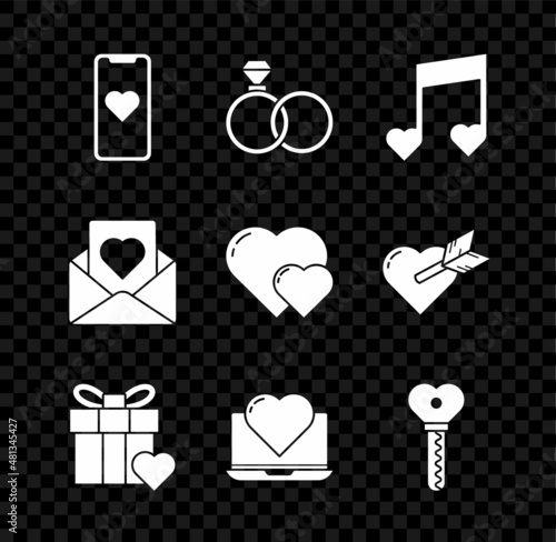 Set Mobile phone with heart, Wedding rings, Music note, tone hearts, Gift box and, Laptop, Key shape, Envelope and Heart icon. Vector