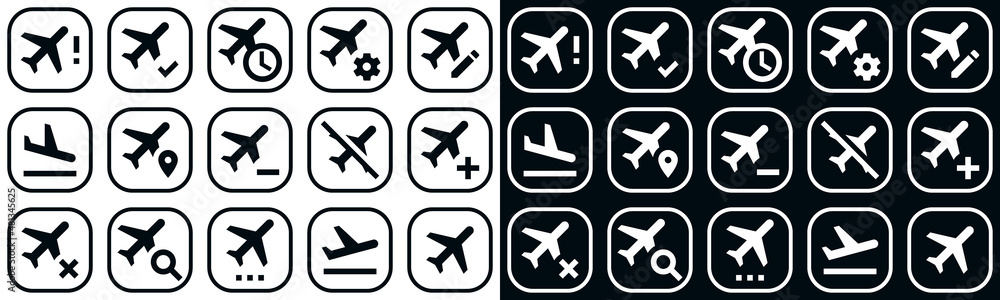 Collection of Airplane icons. Black flat icon set isolated on white Background