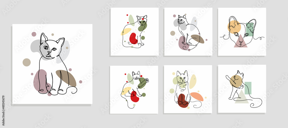 Fototapeta premium Continuous one simple single abstract line drawing of set animals cats icon in silhouette on a white background. Linear stylized.