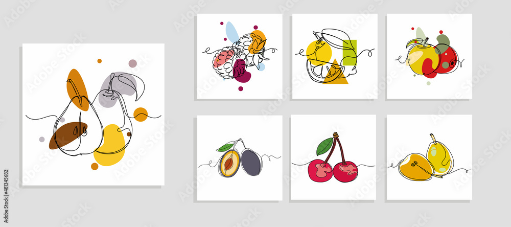 Continuous one simple single abstract line drawing of set fresh organic fruit food icon in silhouette on a white background. Linear stylized.