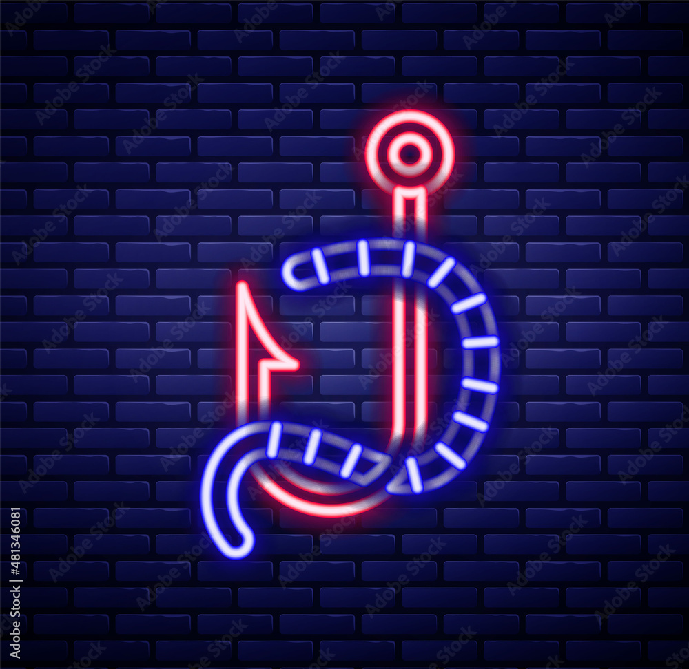 Glowing neon line Fishing hook and worm icon isolated on brick wall  background. Fishing tackle. Colorful outline concept. Vector Stock Vector