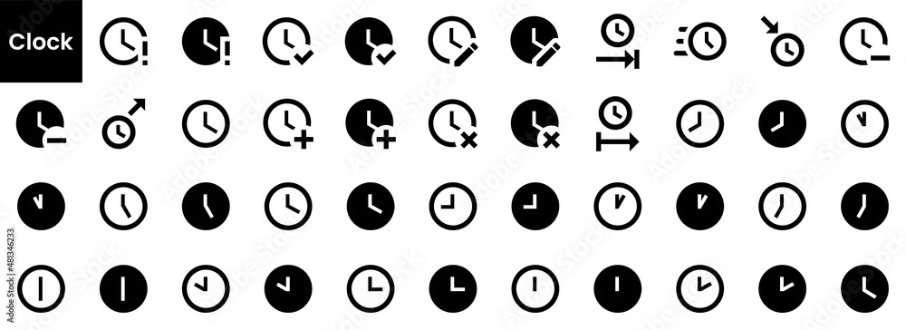 Collection of clock icons. Black flat icon set isolated on white Background