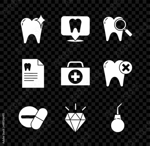 Set Tooth whitening concept, Dental clinic location, search, Medicine pill or tablet, Diamond teeth, Enema pear, Clipboard with dental card and First aid kit icon. Vector
