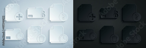 Set Delete file document, Unknown, Document folder with clock, Folder and and Add new icon. Vector