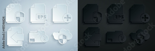 Set Unknown document folder, Add new file, Next page arrow, Cloud and shield, EPS and Document protection concept icon. Vector