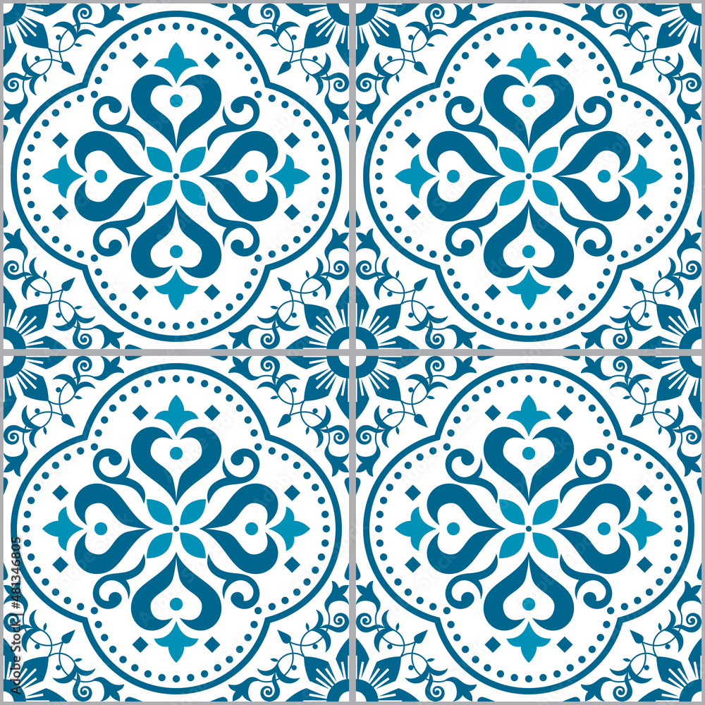 Fototapeta premium Lisbon, Portuguese style Azulejo tile seamless vector pattern in turquoise, repetitve floral wallpaper or textile, fabric print 