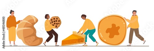 Tiny Characters Presenting Homemade pastries. People carrying pancakes, croissant, cookies, pie. Baking enthusiasts. Cartoon Flat Vector Template of poster for bakehouse, restaurant, cafe, bakery.