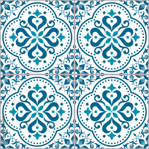 Lisbon, Portuguese style Azulejo tile seamless vector pattern in turquoise, repetitve floral wallpaper or textile, fabric print 
